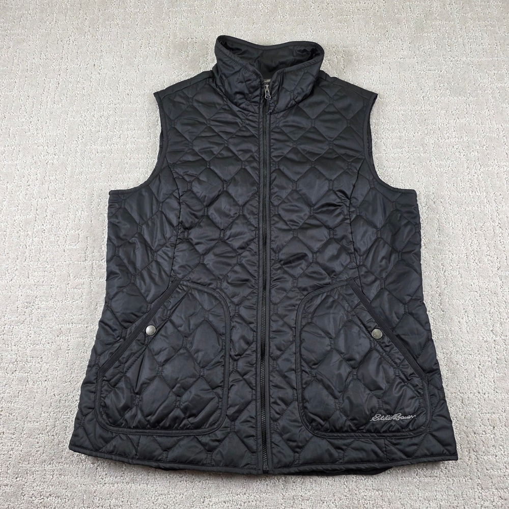 Eddie Bauer Womens Large Black Diamond Quilted Full Zip Mock Neck Vest Pockets